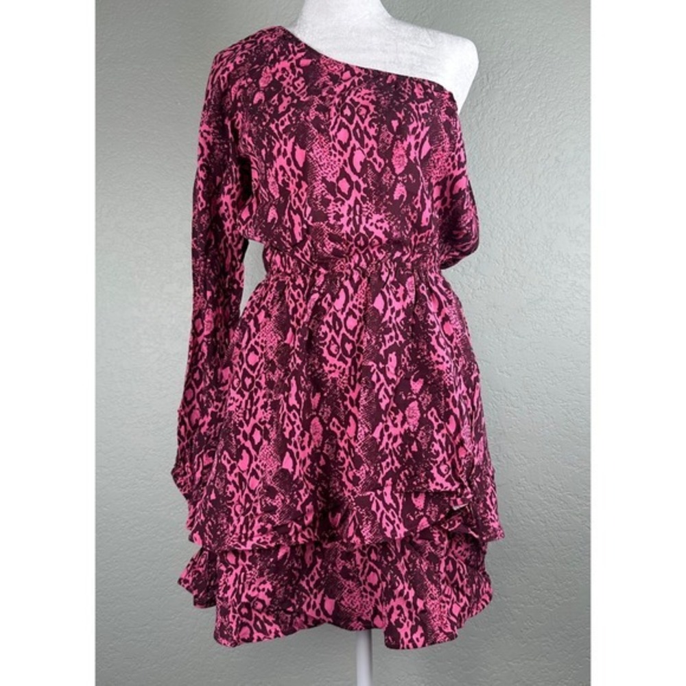 Maaji x‎ REVOLVE Mini Dress Size M One Shoulder Pink Snake Print Ruffle Cocktail